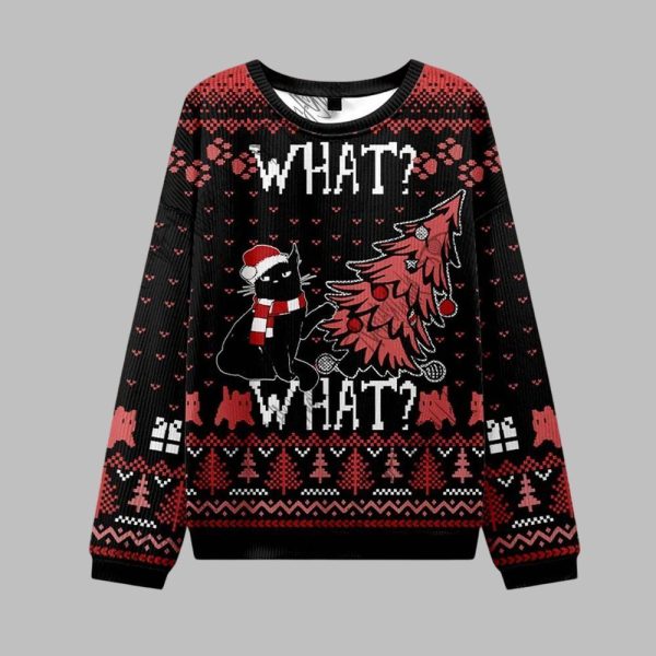 2025 Christmas Black Cat What What Ugly Christmas Sweater 1