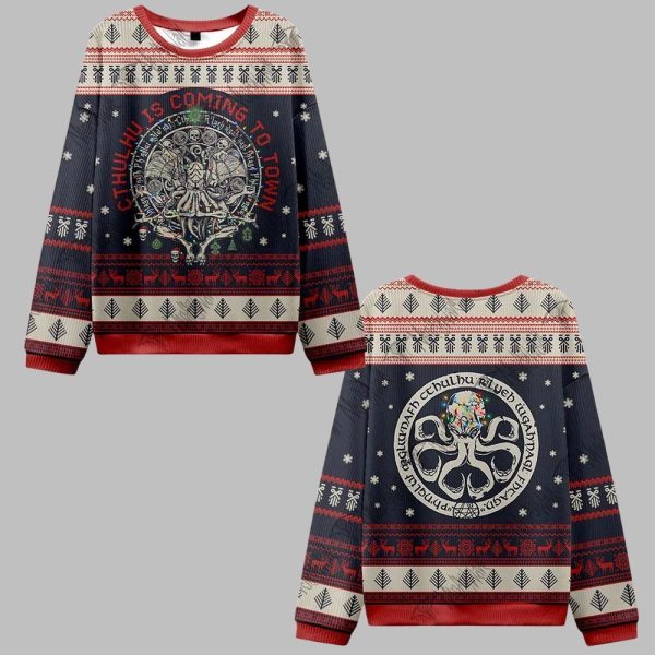 2025 Christmas Cthulhu Is Coming To Town Ugly Christmas Sweater 0