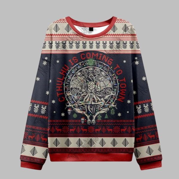 2025 Christmas Cthulhu Is Coming To Town Ugly Christmas Sweater 1