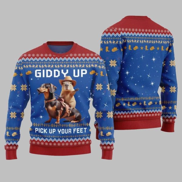 2025 Christmas Giddy Up Pick Up Your Feet Capybara Dachshund Ugly Christmas Sweater 1