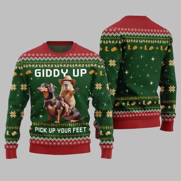 2025 Christmas Giddy Up Pick Up Your Feet Capybara Dachshund Ugly Christmas Sweater 2