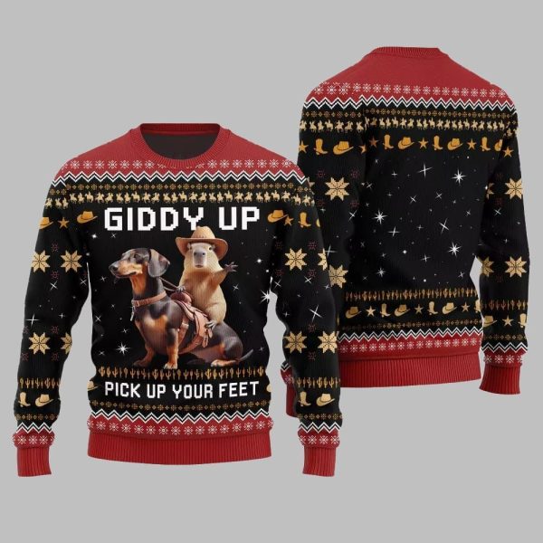 2025 Christmas Giddy Up Pick Up Your Feet Capybara Dachshund Ugly Christmas Sweater 4