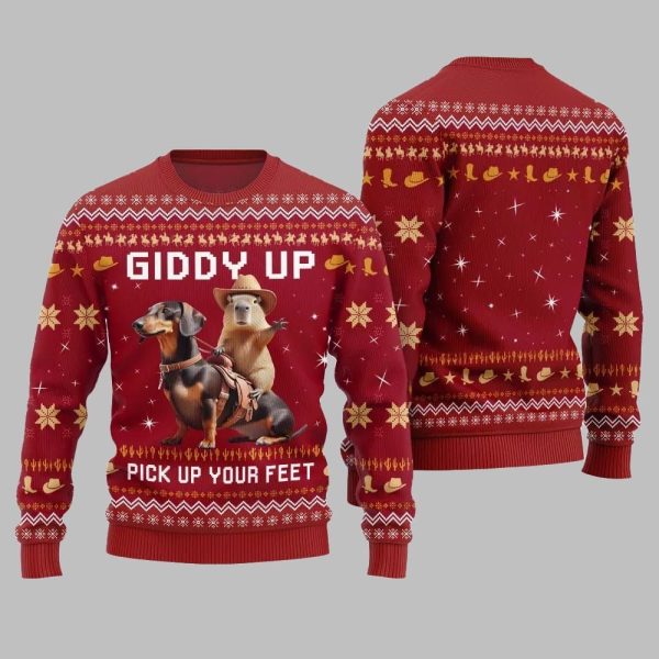 2025 Christmas Giddy Up Pick Up Your Feet Capybara Dachshund Ugly Christmas Sweater 5