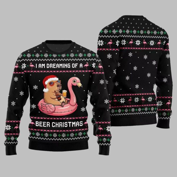 2025 Christmas I Am Dreaming Of A Beer Capybara Ugly Christmas Sweater 2