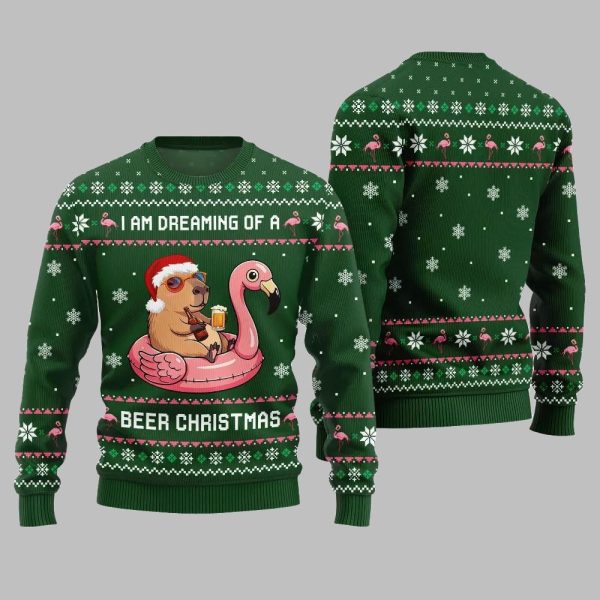 2025 Christmas I Am Dreaming Of A Beer Capybara Ugly Christmas Sweater 3