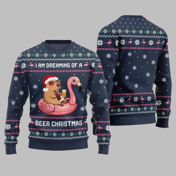 2025 Christmas I Am Dreaming Of A Beer Capybara Ugly Christmas Sweater 4