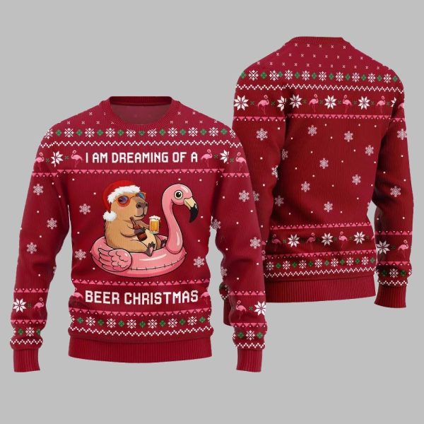 2025 Christmas I Am Dreaming Of A Beer Capybara Ugly Christmas Sweater 5