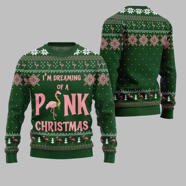2025 Christmas Im Dreaming Of A Pink Flamingo Ugly Christmas Sweater 2