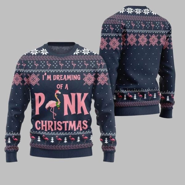 2025 Christmas Im Dreaming Of A Pink Flamingo Ugly Christmas Sweater 5