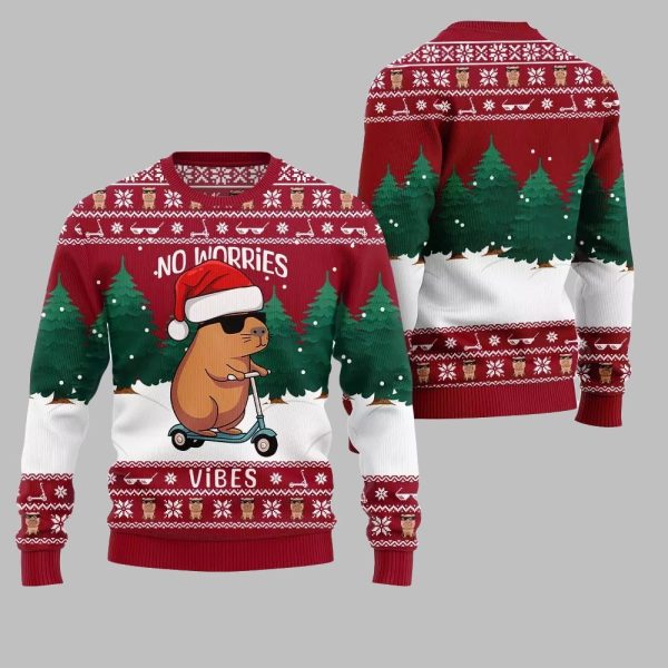 2025 Christmas No Worries Vibes Capybara Ugly Christmas Sweater 1