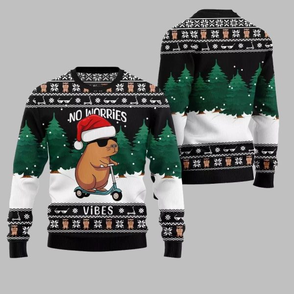 2025 Christmas No Worries Vibes Capybara Ugly Christmas Sweater 3