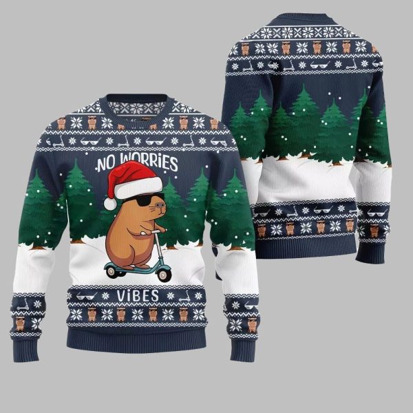 2025 Christmas No Worries Vibes Capybara Ugly Christmas Sweater 4