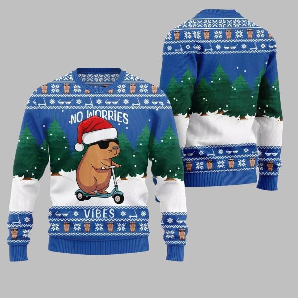 2025 Christmas No Worries Vibes Capybara Ugly Christmas Sweater 5