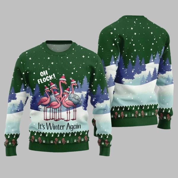 2025 Christmas Oh Flock Flamingo Ugly Christmas Sweater 4
