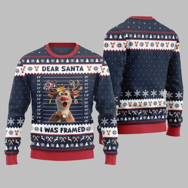 2025 Christmas Reindeer Dear Santa I Was Framed Ugly Christmas Sweater 2