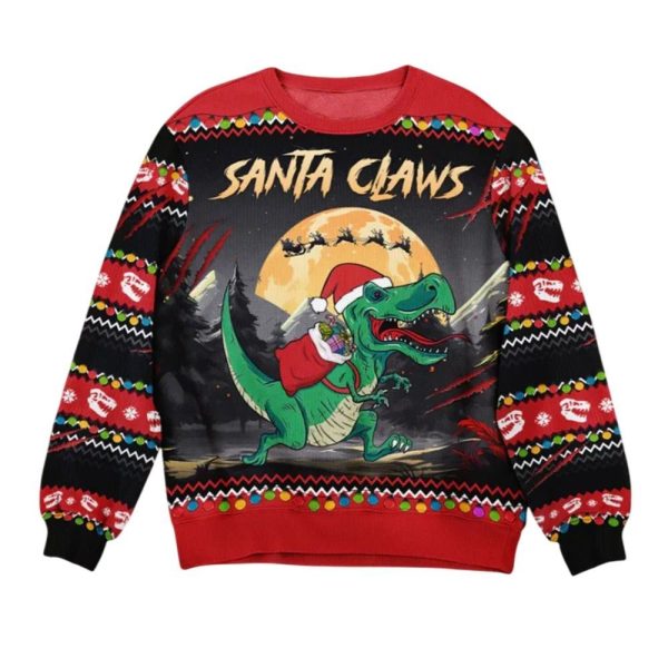 2025 Christmas Santa Claws T Rex Christmas Dinosaur Ugly Sweater 1 2