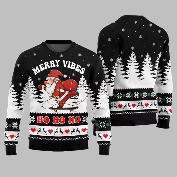 2025 Christmas Santa Merry Vibes Ho Ho Ho Ugly Christmas Sweater 1