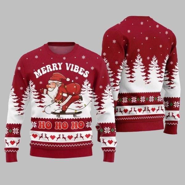 2025 Christmas Santa Merry Vibes Ho Ho Ho Ugly Christmas Sweater 4