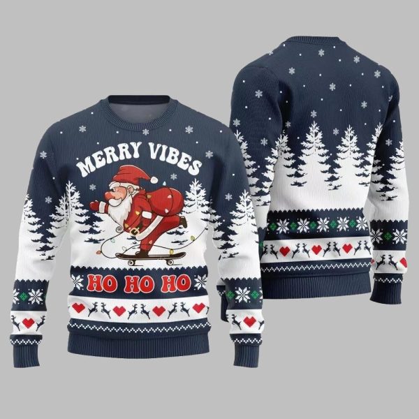 2025 Christmas Santa Merry Vibes Ho Ho Ho Ugly Christmas Sweater 5