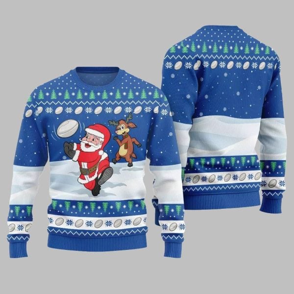2025 Christmas Santa Playing Rugby Ugly Christmas Sweater 2
