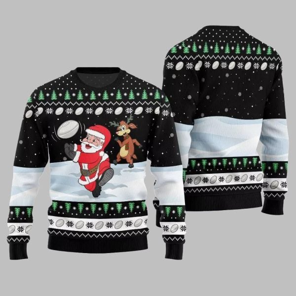 2025 Christmas Santa Playing Rugby Ugly Christmas Sweater 3
