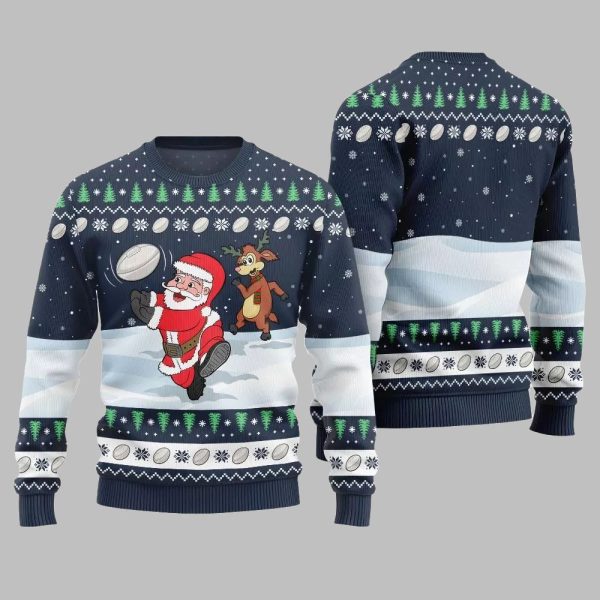 2025 Christmas Santa Playing Rugby Ugly Christmas Sweater 5