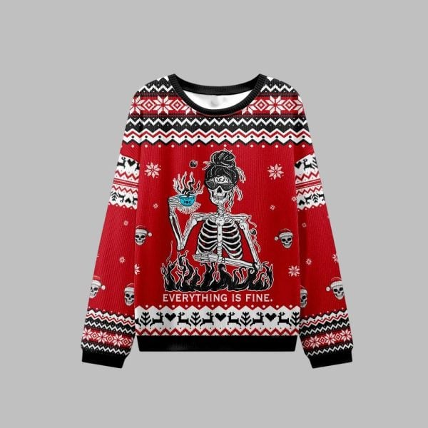 2025 Christmas Skull Everything Is Fine Ugly Christmas Sweater 1