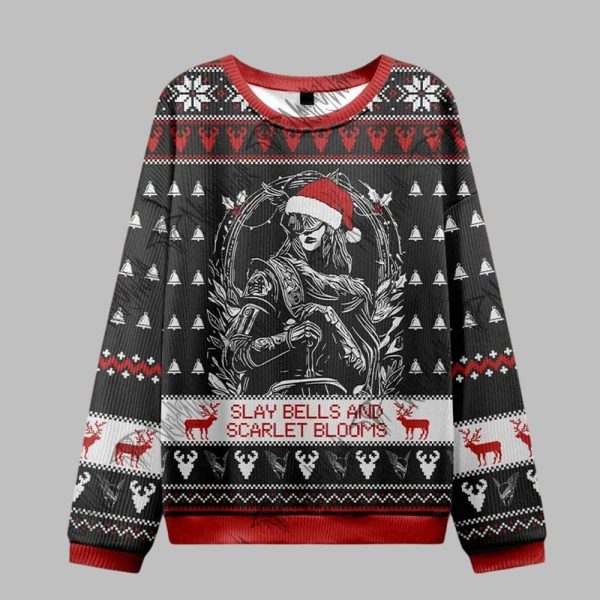 2025 Christmas Slay Bells and Scarlet Blooms Ugly Christmas Sweater 1