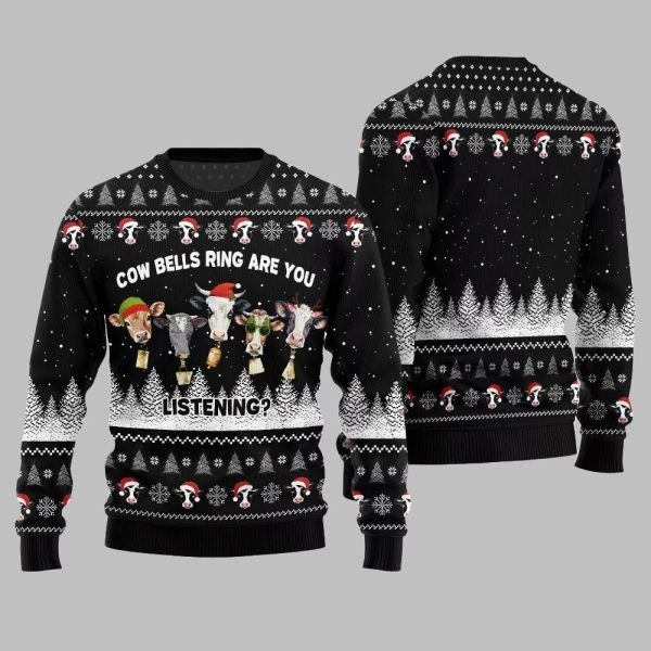 2025 Christmas Sleepy Cow Bells Ring Are You Listening Ugly Christmas Sweater 2