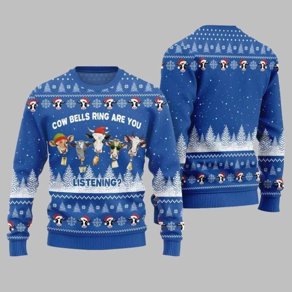 2025 Christmas Sleepy Cow Bells Ring Are You Listening Ugly Christmas Sweater 3
