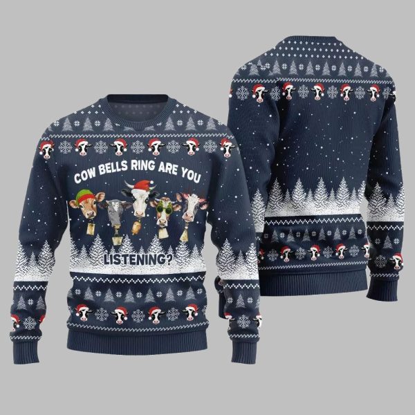 2025 Christmas Sleepy Cow Bells Ring Are You Listening Ugly Christmas Sweater 5