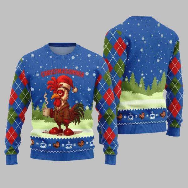 2025 Christmas Sleepy Rooster Christmasomnia Ugly Christmas Sweater 1
