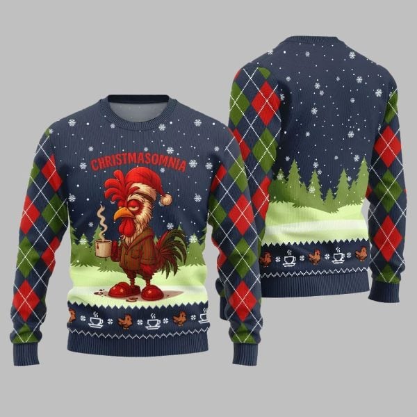 2025 Christmas Sleepy Rooster Christmasomnia Ugly Christmas Sweater 3