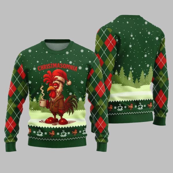2025 Christmas Sleepy Rooster Christmasomnia Ugly Christmas Sweater 4