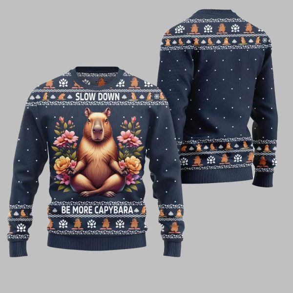 2025 Christmas Slow Down Be More Capybara Ugly Christmas Sweater 4