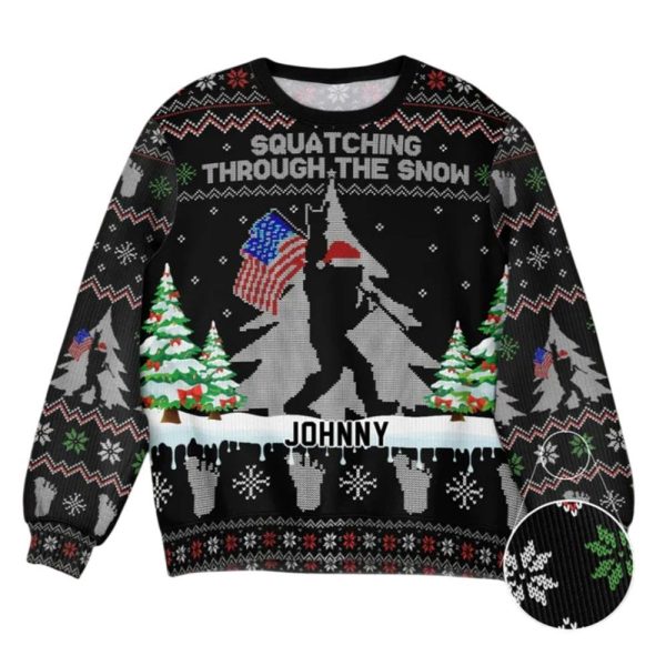 2025 Christmas Squatching Through The Snow American Bigfoot Ugly Christmas Sweater 1 2