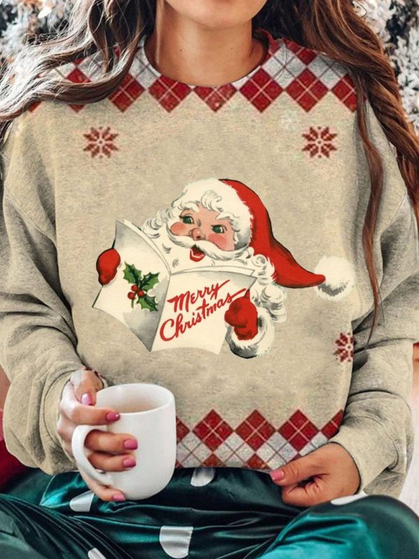 2025 Christmas Women's Retro Santa Print Crew Neck Sweatshirt