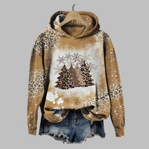 Women's Leopard Print Christmas Tree Print Hooded 2025 Christmas