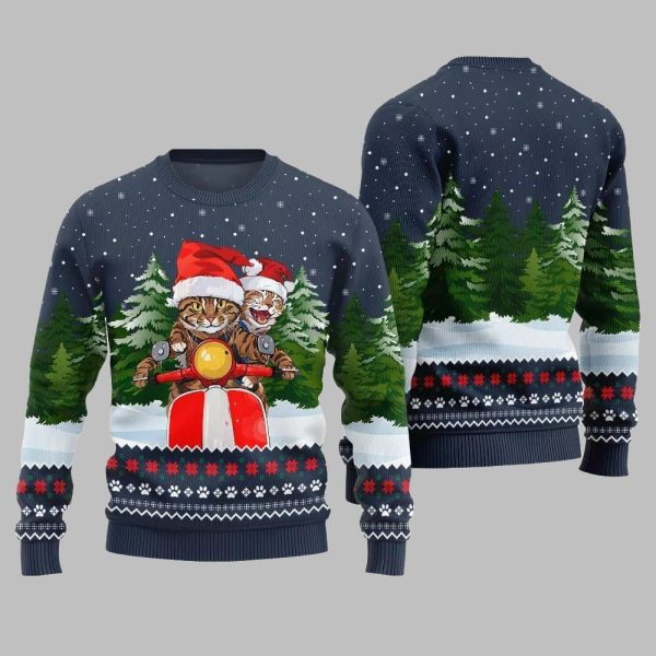 Cat Riding Motorcycle Ugly Sweater Christmas 2025 2