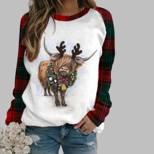 Women's Merry Christmas Cute Highland Cow Plaid Print Sweatshirt 2025 Christmas