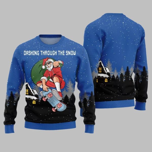 Dashing Through The Snow Skateboarding Santa Ugly Sweater Christmas 2025 3