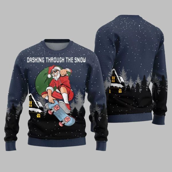 Dashing Through The Snow Skateboarding Santa Ugly Sweater Christmas 2025 4