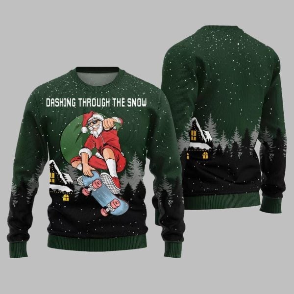 Dashing Through The Snow Skateboarding Santa Ugly Sweater Christmas 2025 5