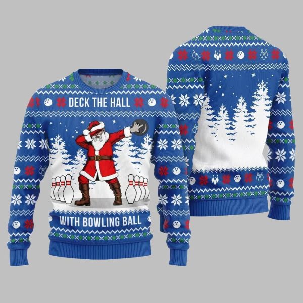 Deck The Hall Santa With Bowling Ball Ugly Sweater Christmas 2025 2