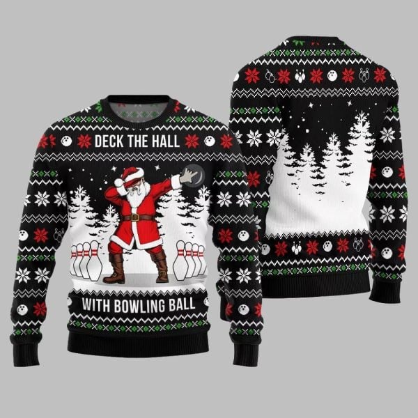 Deck The Hall Santa With Bowling Ball Ugly Sweater Christmas 2025 3