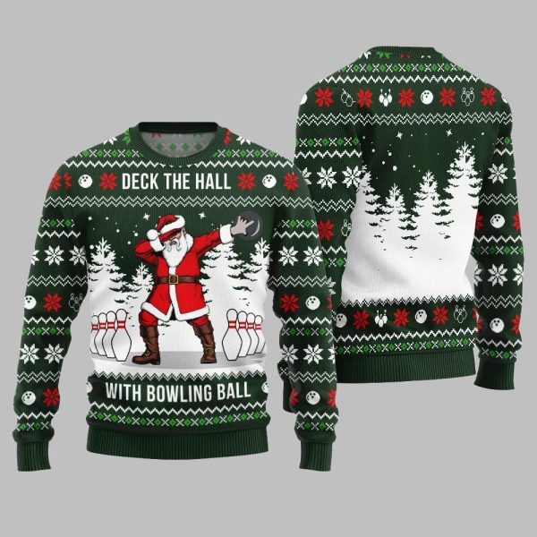 Deck The Hall Santa With Bowling Ball Ugly Sweater Christmas 2025 4