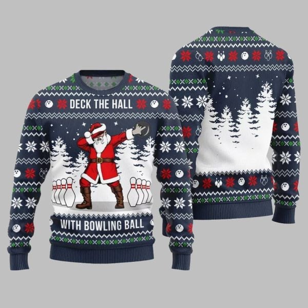 Deck The Hall Santa With Bowling Ball Ugly Sweater Christmas 2025 5