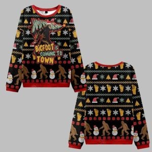 2025 Christmas Bigfoot is Coming to Town Ugly Christmas Sweater 0