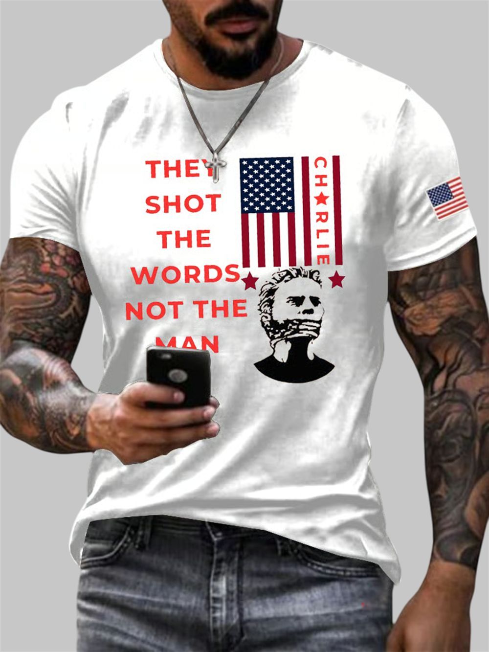 Men's Charlie Kirk They Shot The Words Not The Man Turning Point USA Print Short Sleeve T-Shirt Men's Charlie Kirk They Shot The Words Not The Man Turning Point USA Print Short Sleeve T-Shirt