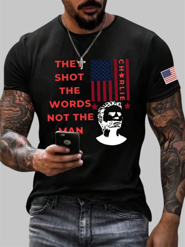 Mens Charlie Kirk They Shot The Words Not The Man Turning Point USA Print Short Sleeve T Shirt 2